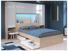 Letto con LED e vani portaoggetti 140 x 190 cm Naturale e Bianco lucido + Rete + Materasso - VELONA