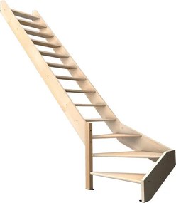 Scala ¼ di giro in basso a sinistra Nostra BURGER, con corrimano a sinistra, struttura in legno abete naturale, gradini in legno faggio, colore faggio naturale