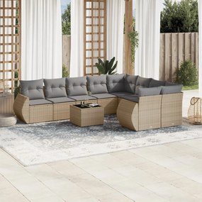 Set divano da giardino 10 pz con cuscini beige in polyrattan