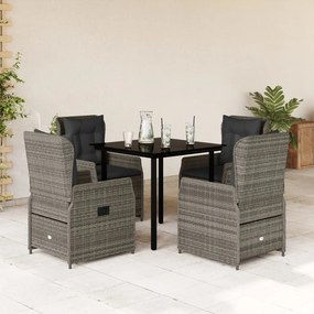 Set da pranzo da giardino 5 pz con cuscini in polyrattan grigio