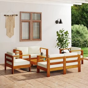 Set divani giardino 5 pz cuscini bianco crema in legno massello