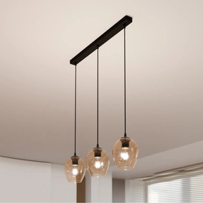 Lampadario 3 Luci Fuxi In Acciaio Nero E Vetri Ambra