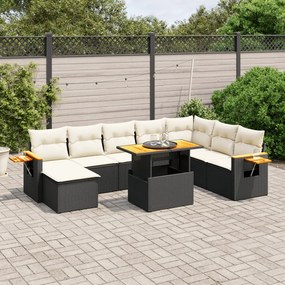 Set divani da giardino 9 pz con cuscini nero in polyrattan