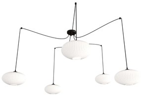 Lampadario 5 Luci Origo In Acciaio Nero Paralume Plissettato Bianco