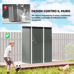 Capanno Porta Attrezzi 142x86x189 cm con Tetto Inclinato e Porta Bloccabile in Metallo Grigio Chiaro...