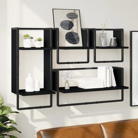 Set Mensole Da Parete Con Aste 4pz Nero İn Legno Multistrato /
