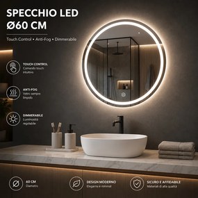 Specchio Rotondo Ø60cm LED a 3 Colori Dimmerabile Accensione Touch...