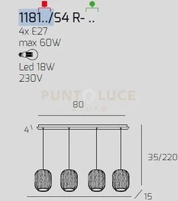 Sospensione ottone sat. 4 luci rettangolare vetri 2x tr + 2x am 118...