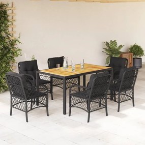 Set da pranzo da giardino 7 pz nero con cuscini in polyrattan