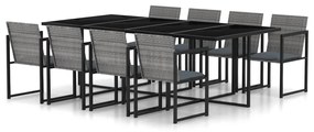 Set da pranzo da esterno 9 pz con cuscini in polyrattan grigio