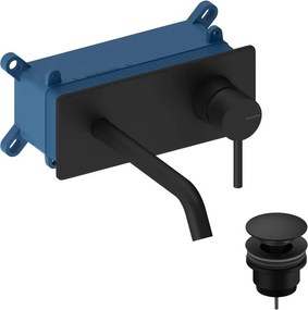 Rubinetto per lavabo Loop monocomando a parete per lavabo bocca 18cm + corpo incasso + piletta di scarico + placa rettangolare black matt