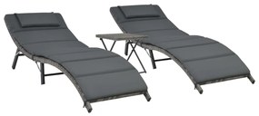 Set Lettini Da Giardino 3 Pz Pieghevoli İn Polyrattan Grigio /