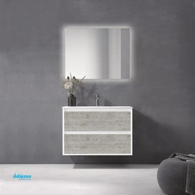 Mobile Bagno Sospeso "Zao" Da 80 Cm Composto Da Una Base Con Due Cassetti In Melaminico Finitura Cemento C/Scocca Finitura Bianco Laccato Opaco