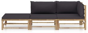Set divani da giardino 3 pz con cuscini grigio scuro in bambù