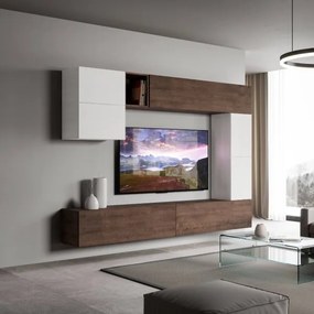 Parete da soggiorno Isoka A15 L.268 H.200 P.39,5 Bianco e Noce