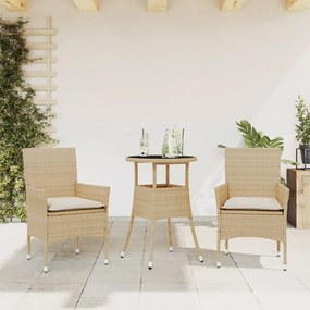 Set Da Pranzo Da Giardino 3 Pz Con Cuscini Polyrattan E Vetro /