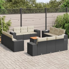 Set divani da giardino 13pz con cuscini nero in polyrattan