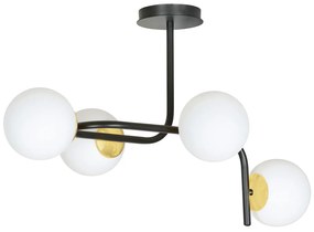 Lampadario 4 Luci Kalf Acciaio Nero A Bracci Curvi E Sfere Vetro Opalino E Oro