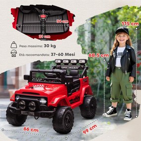 Macchina Fuoristrada per Bambini 99x66x68.5 cm con Fanali Clacson e Telecomando in PP e Metallo Rosso...