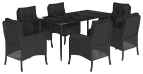 Set da pranzo da giardino 7 pz nero con cuscini in polyrattan