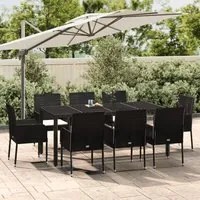 Set da Pranzo da Giardino 9 pz con Cuscini Nero in Polyrattan 3185004