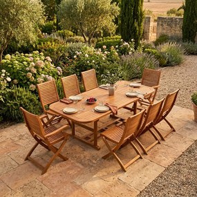 TURRIS - set tavolo in legno massiccio di acacia cm 150/200 x 90 x 74 h con 6 sedie e 2 poltrone Mulier