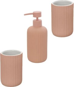 Set accessori bagno in ceramica rosa con dispenser sapone e due portaspazzolini Spring