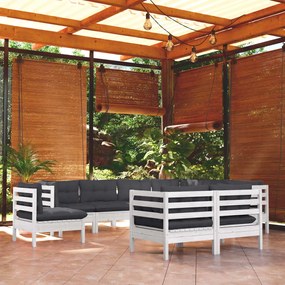 Set divani da giardino 9 pz con cuscini bianchi legno di pino