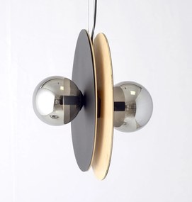 Sospensione Minimal Nordica Brigid 2 Luci In Acciaio Nero E Legno Vetro Fumè