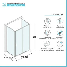 Box doccia 70x120x70 cm con porta scorrevole trasparente H 200 cm Ted
