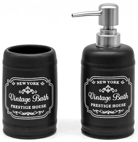 Set accessori bagno dispenser sapone e portaspazzolini in ceramica nera vintage