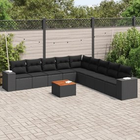 Set divani da giardino 10pz con cuscini in polyrattan nero