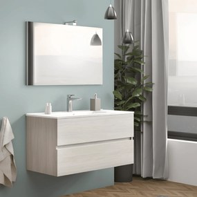 Mobile Bagno Sospeso 100 Cm Due Cassetti Specchio Con Lampada Led 100x60 Cm Savini Due "Easy" Rovere Grigio