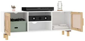 Mobile tv bianco 105x30x40 cm massello pino e rattan naturale