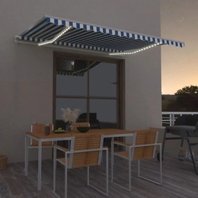 Tenda Da Sole Retrattile Manuale Con Led 450x350 Cm Blu Bianca /