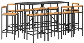 Set bar giardino 11 pz nero polyrattan e legno massello acacia