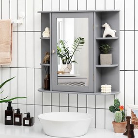 Costway Armadietto del bagno con specchio e mensole regolabili al muro, Armadietto di legno per bagno e salone Grigio