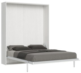 Letto matrimoniale a scomparsa 160 verticale Kentaro con colonna e pensili, Bianco Frassino / Classic