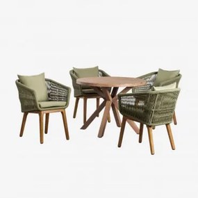 Set Composto Da Tavolo Rotondo In Legno (ø100 Cm) Naele E 4 Sedie Da Giardino Barker Verde Bambù - Sklum