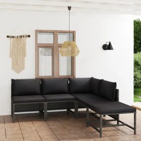 Set Divani da Giardino 5 pz con Cuscini in Polyrattan Grigio