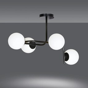 Lampadario 4 Luci Rama In Acciaio Nero A Bracci Curvi E Sfere In Vetro Opalino