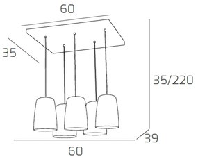 Sospensione Contemporanea Rett. Shaded Metallo Cromo Vetro Ambra 5 Luci E27