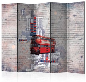 Paravento separè My London II (5 parti) - auto e scritte rosse su uno sfondo di mattoni
