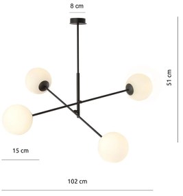 Lampadario 4 Luci Linear In Acciao Nero Con Bracci Regolabili E Vetro Opale