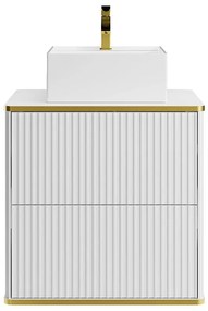 Mobile bagno sospeso con scanalature con bordo dorato e lavabo d'appoggio quadrato - Bianco - L60 cm - KELIZA