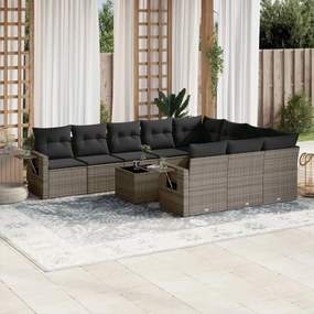 Set divani da giardino 11 pz con cuscini in polyrattan grigio