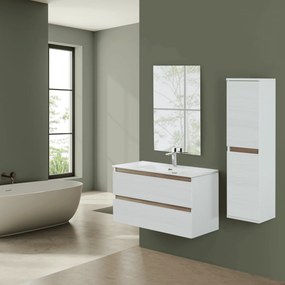 Mobile Bagno Sospeso 80 Cm Due Cassetti Specchio a Filo 80x60 Cm Feridras "Revital" Bianco Frassinato/Rovere