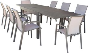 JERRI - set tavolo in alluminio cm 135/270 x 90 x 75 h con 8 poltrone Lotus