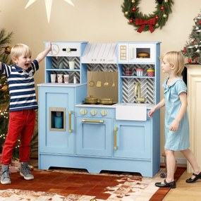 Costway Cucina da gioco per bambini in legno con forno a microonde e distributore di ghiaccio, Cucina per bambini 3-6 Anni Blu