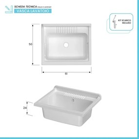 Mobile lavatoio 60x50 cm olmo in kit di montaggio con vasca e asse Ikaro